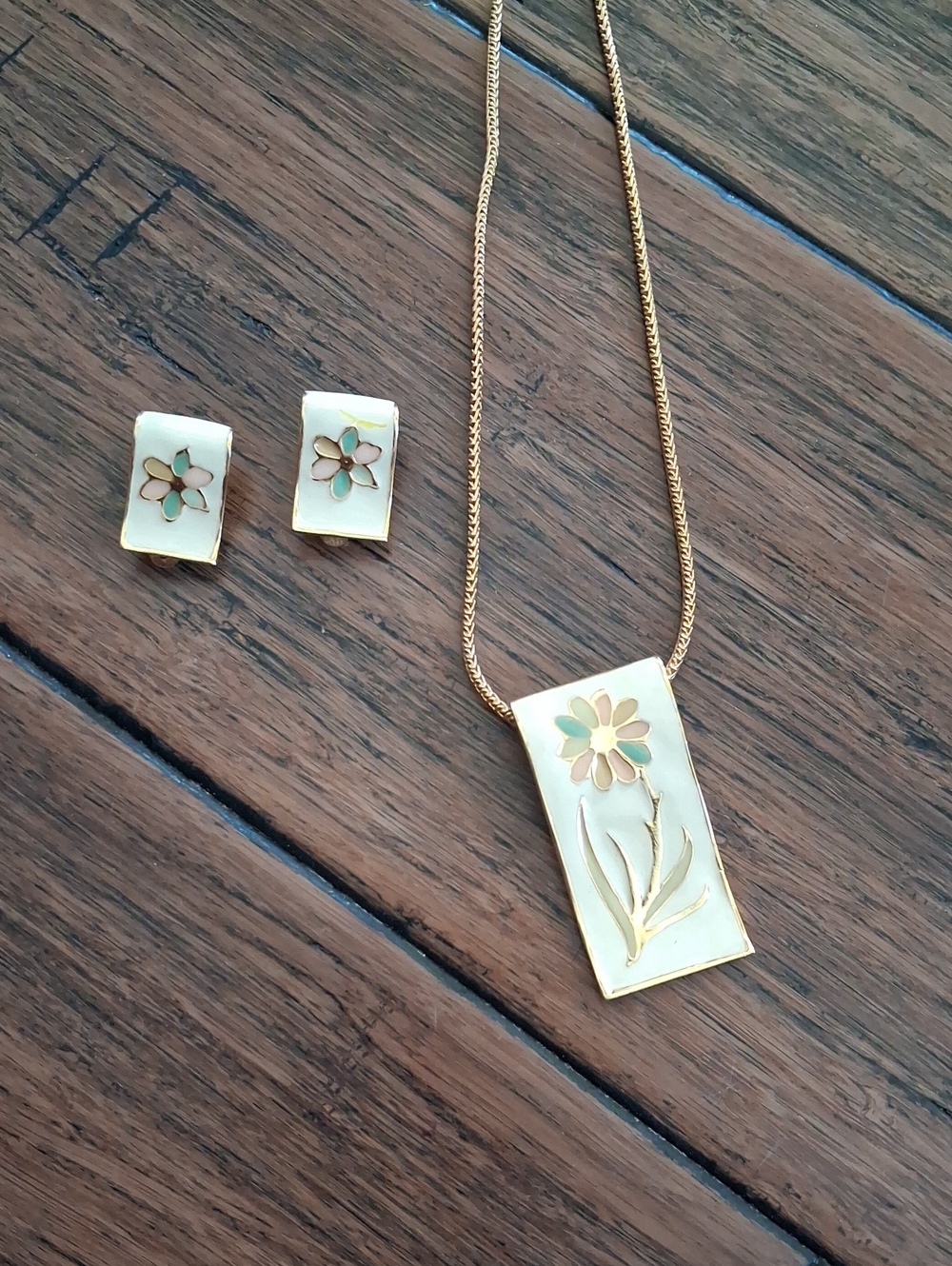 Vintage Enamel Necklace & Earring Set MCM Floral Gold Tone